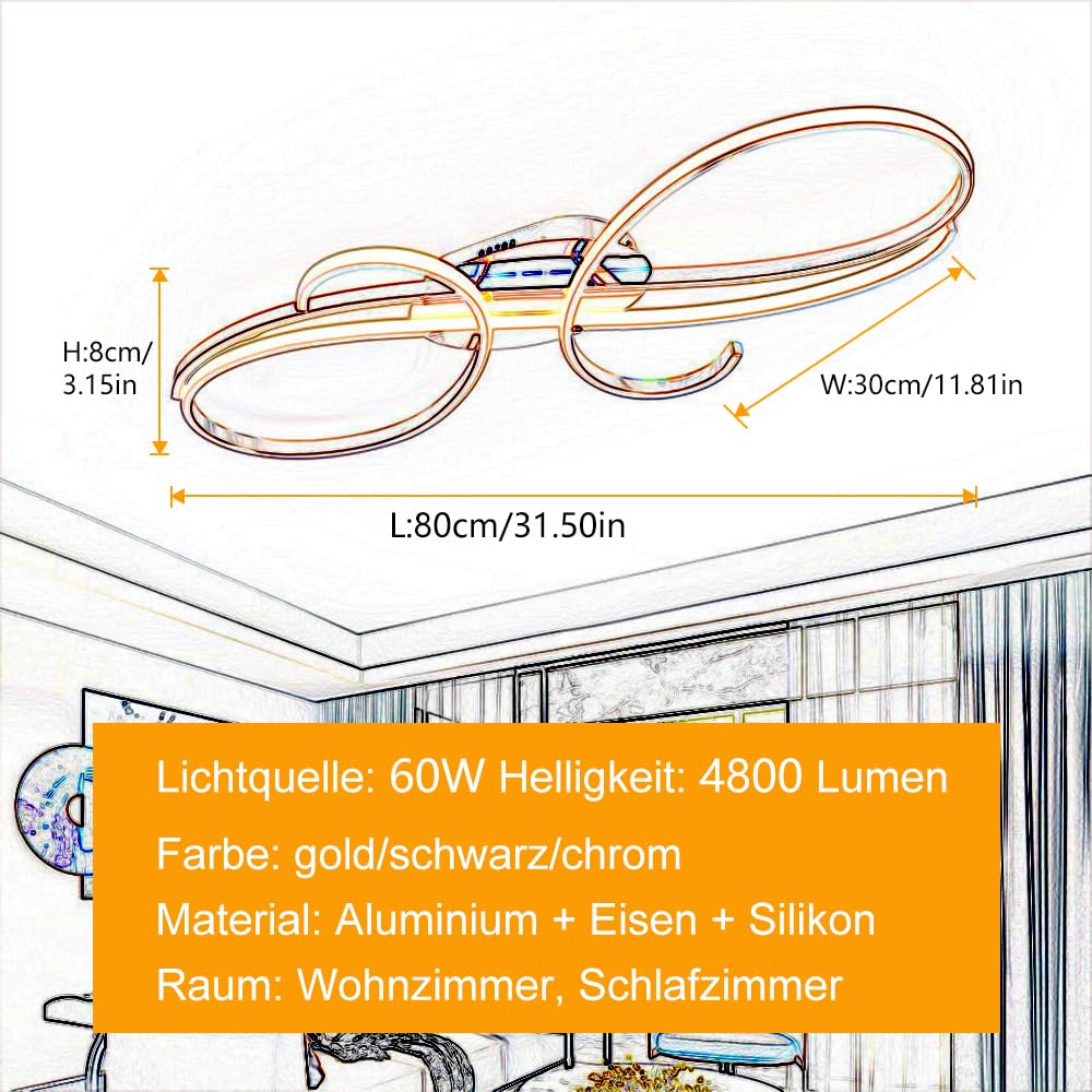 WSXEDC Moderne Kreative LED Deckenleuchte Dimmbare Metall Chrom für die Augenpflege Deckenlampe Mit Fernbedienung für Wohnzimmer Schlafzimmer Esszimmer Flure Gold 60cm