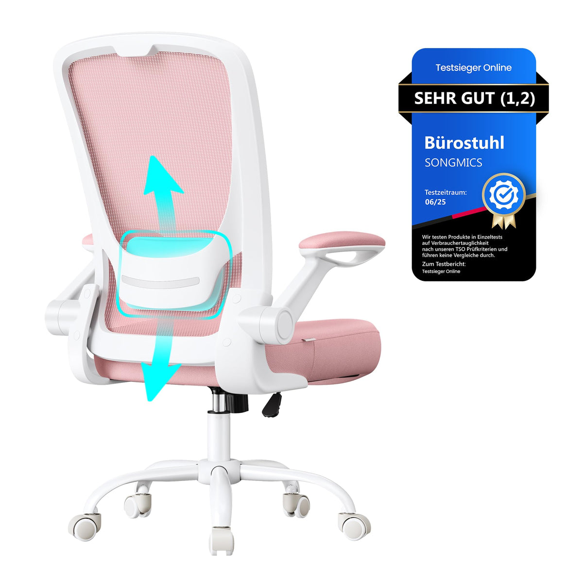 SONGMICS OBN037R01 Office Chair, Desk Chair, Mesh Swivel Chair, Ergonomic, Padded Lumbar Support, Rocker Function, 53 cm Seat, Folding Arms, Pastel Pink