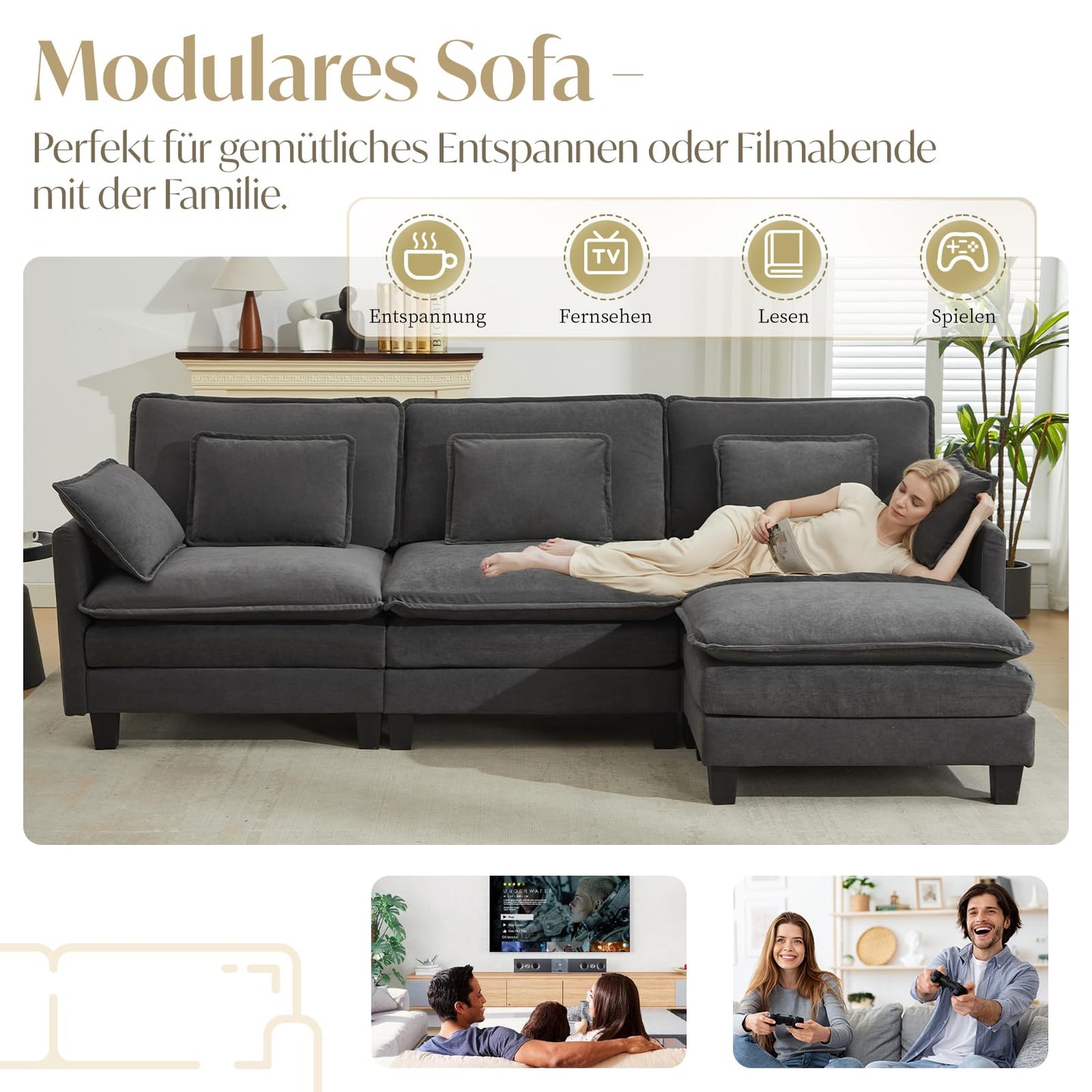 Modular Sofa with Sleep Function, Chenille Corner Sofa, Small with Thick Padding, Sofa L Shape Set with Couch Cushion, Comfortable Armchair, Living Room Couch with Stool, Chaise Lounge (Dark Grey, 287