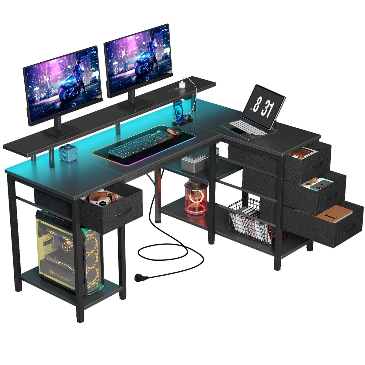 Seventable Computer Desk L Shape with 4 Drawers & Shelves, Gaming Table with LED & Sockets, Gaming Desk with Monitor Stand for Home Office, Bedroom, Living Room (White, 120 cm)