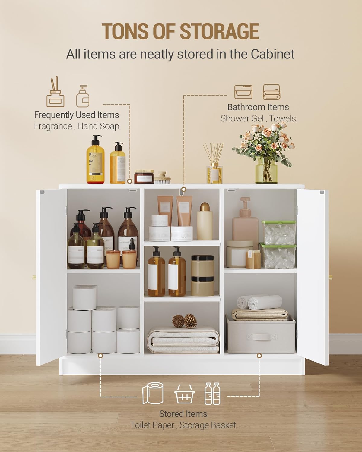 Hzuaneri SC21203X Bathroom Cabinet with 2 Doors, Kitchen Cabinet, Storage Cabinet, Sideboard with 3 Open Storage Compartments, Adjustable Shelf, Bathroom, Kitchen, 30 x 100 x 81.5 cm, White