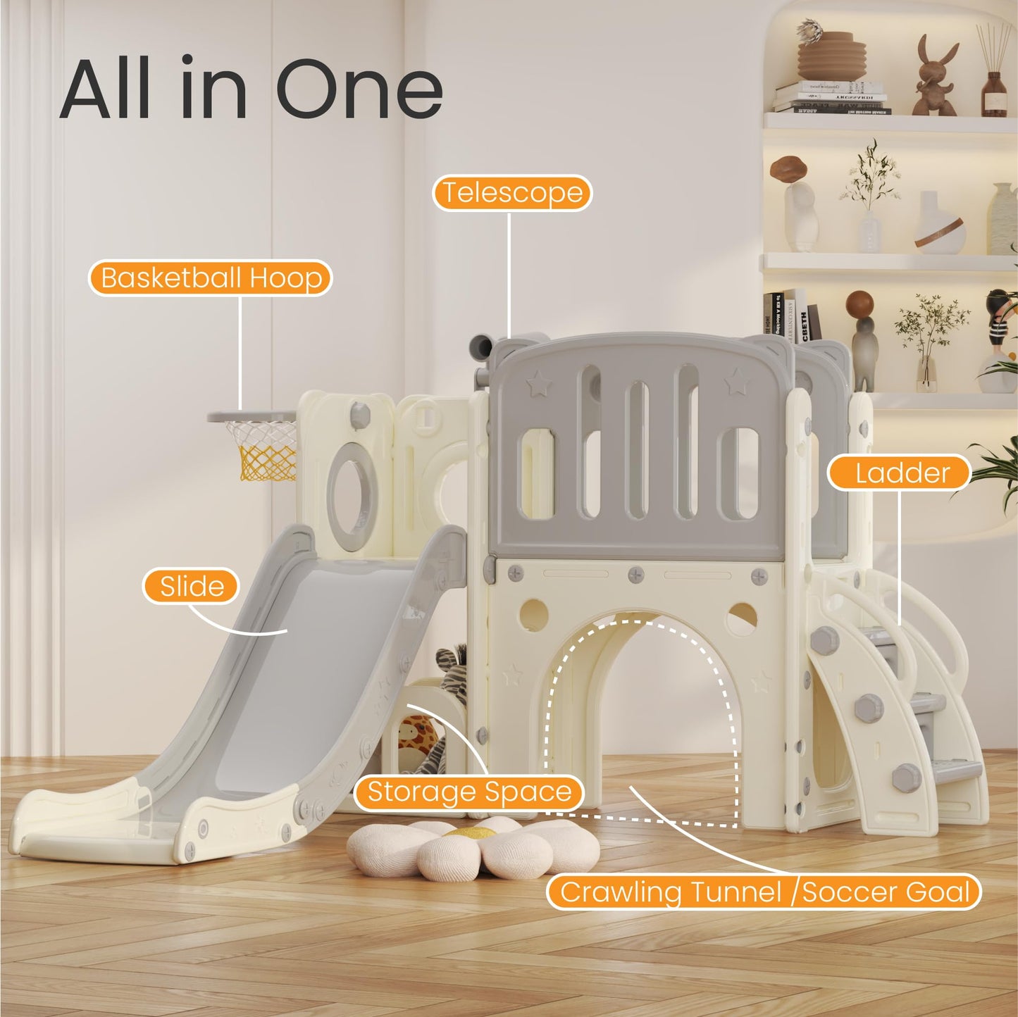 hoopyosms Kids Slide with Climbing Frame, Basketball Hoop and Tunnel, Indoor Plastic Slide Set for Kids, Montessori Toy for Playground, Grey