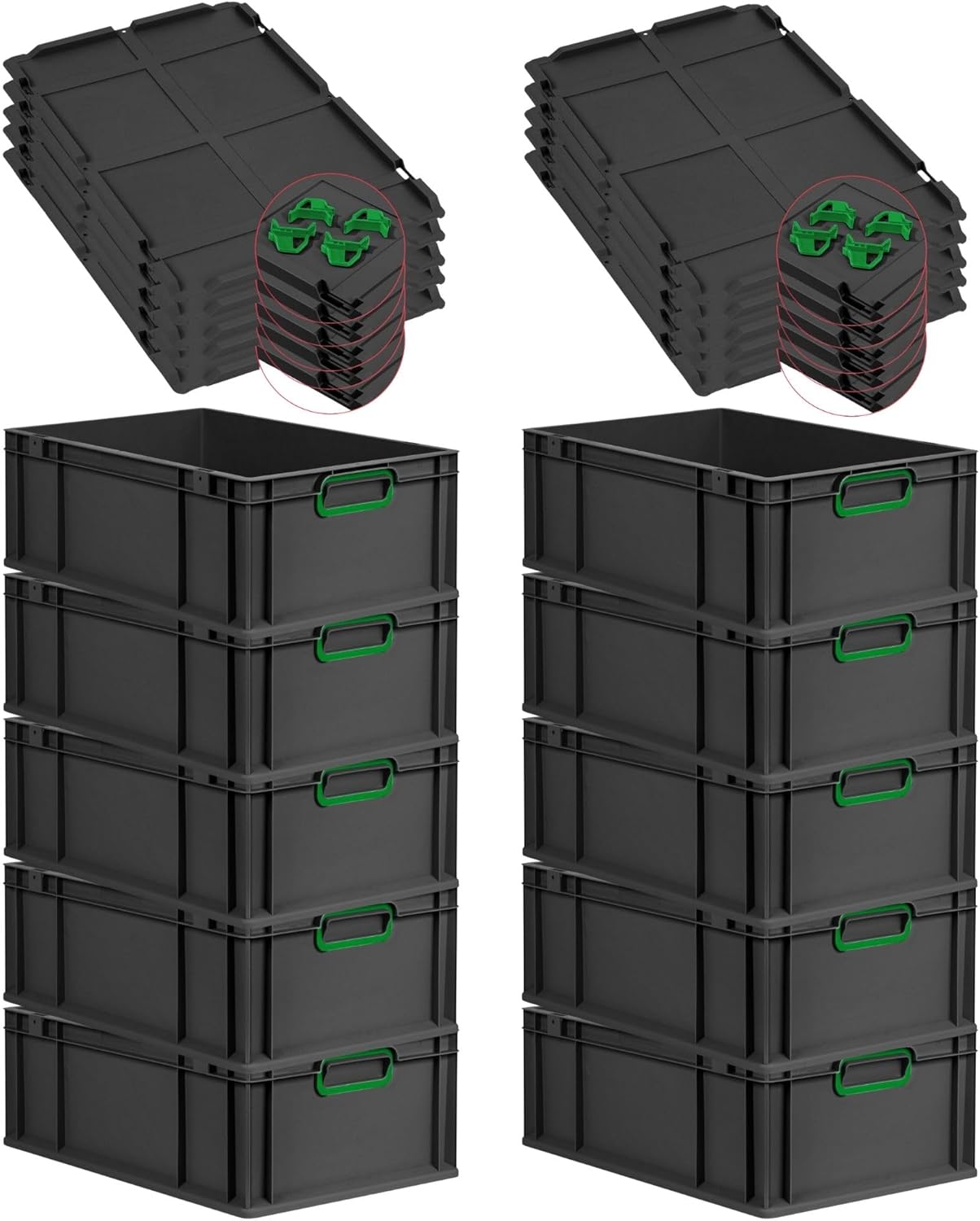 PROREGAL Economy Set of 5 Eurobox NextGen Colour with Lid and Sliding Snap Fasteners, H x W x D 22 x 30 x 40 cm, 20 L, Black, Closed Handles, Euro Container, Transport Box, Transport Container