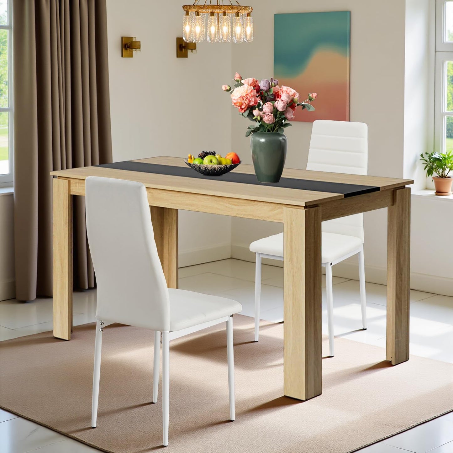 FURNITABLE Esstisch mit 4 Stühlen Esszimmergruppe, 4er Set Esszimmerstühle und Rechteckig Holztisch Essgruppe für Wohnzimmer Küche Büro (110 * 70cm Tisch+4 Schwarz Stühle)