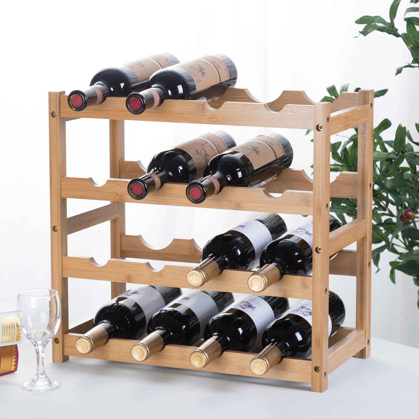 Wine Rack, Small Bottle Rack Storage Holder, Natural Bamboo Bottle Holder, Wine Bottle Shelf for Kitchen, Countertop, Cellar, Bar, Cabinet (2 Tiers, 8 Bottles)