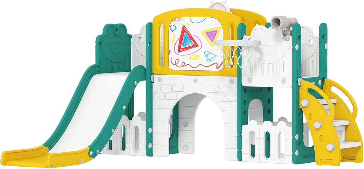 AIYAPLAY Children's Slide with Climbing Frame, 7-in-1 Indoor and Outdoor Baby Slide with Basketball Hoop, Tunnel, Play Telescope, Storage Space, Drawing Board, Frog Motif Playground for Toddlers 1-3