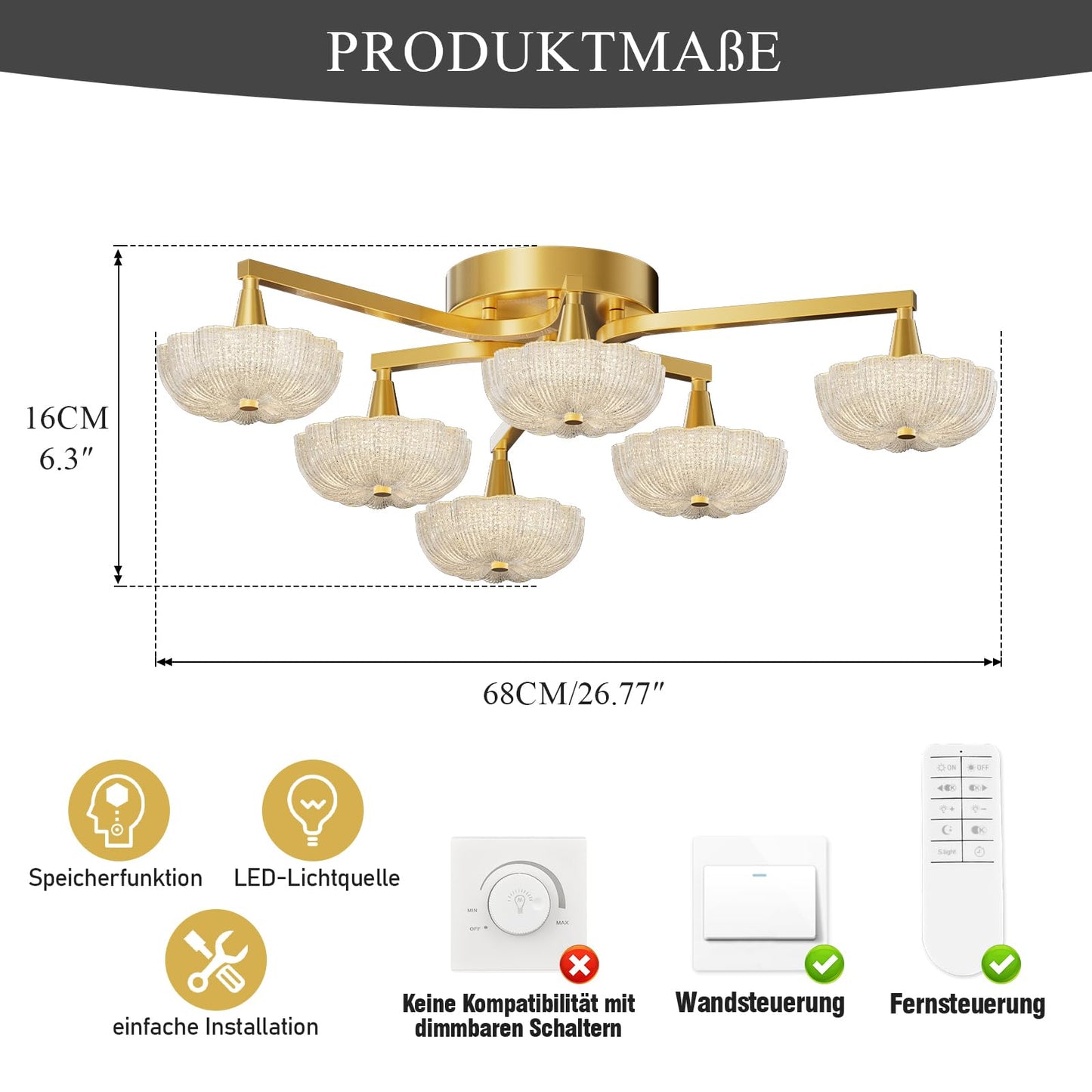 LED Ceiling Light, Modern Ceiling Light with Remote Control, Diameter 68 cm, Gold Dimmable Living Room Lamp, Colour Changing 3000 K - 6000 K with Memory Function, Kitchen Lamp, Bedroom Lamp Ceiling