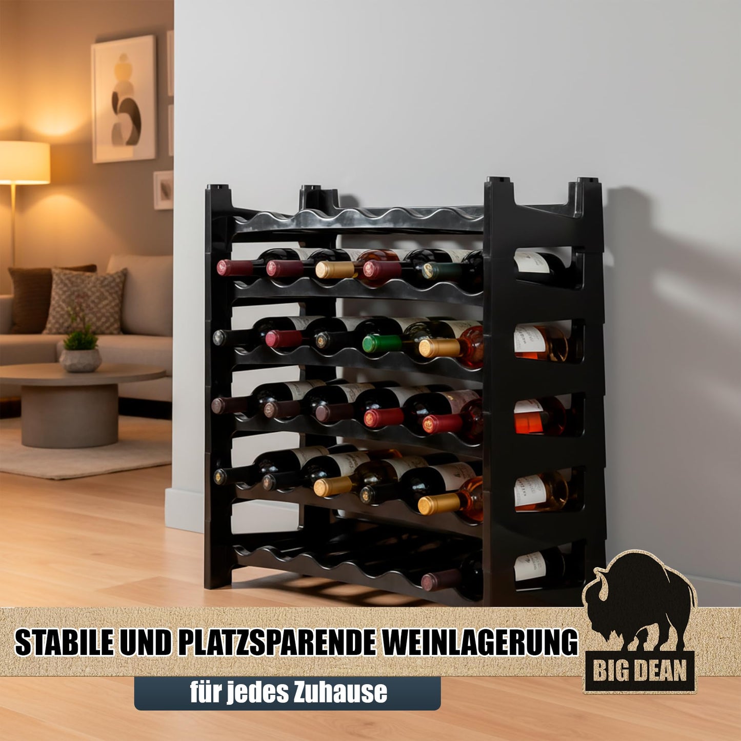 BigDean Bottle Rack Stackable for 72 Bottles Wine Rack Made of Plastic Black Drinks Rack Bottles Shelf System for Glass & PET up to 1.5 Litres