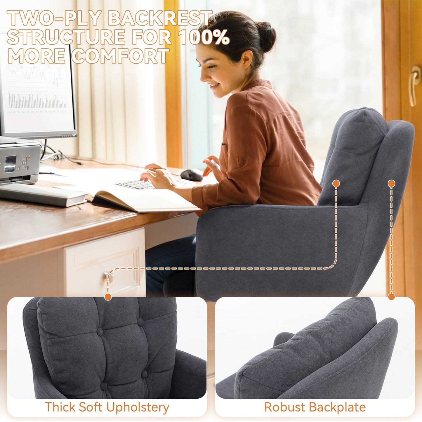 Schreibtischstuhl Polsterstuhl Samt, 360° Drehstuhl mit Rollen, Armlehnstuhl Höhenverstellbar mit Metallbeinen und Kissen, Bürostuhl Beige