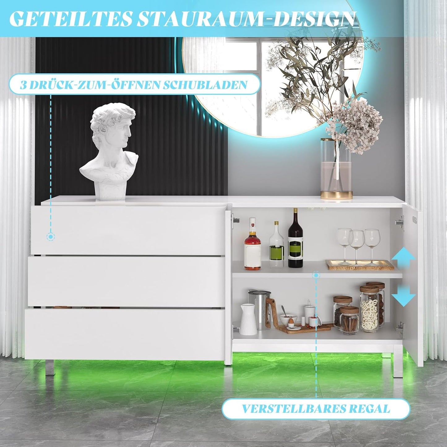 Sideboard High Gloss White with LED, Modern Sideboard with 2 Doors and 3 Drawers, Living Room, Chest of Drawers with Electro-Chromed Accents, 160 x 76 x 40 cm