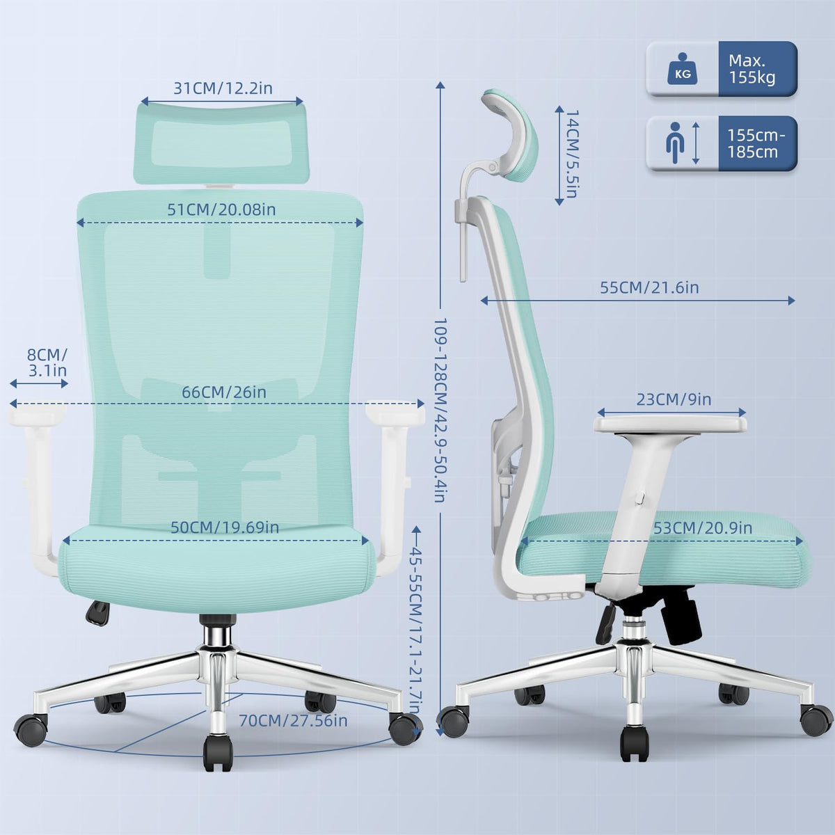 Ergonomic Office Chair with Adjustable Lumbar Support, Armrests and Headrest, Swivel Office Chair 150 kg, Desk Chair, Executive Chair, Rocker Function up to 135°