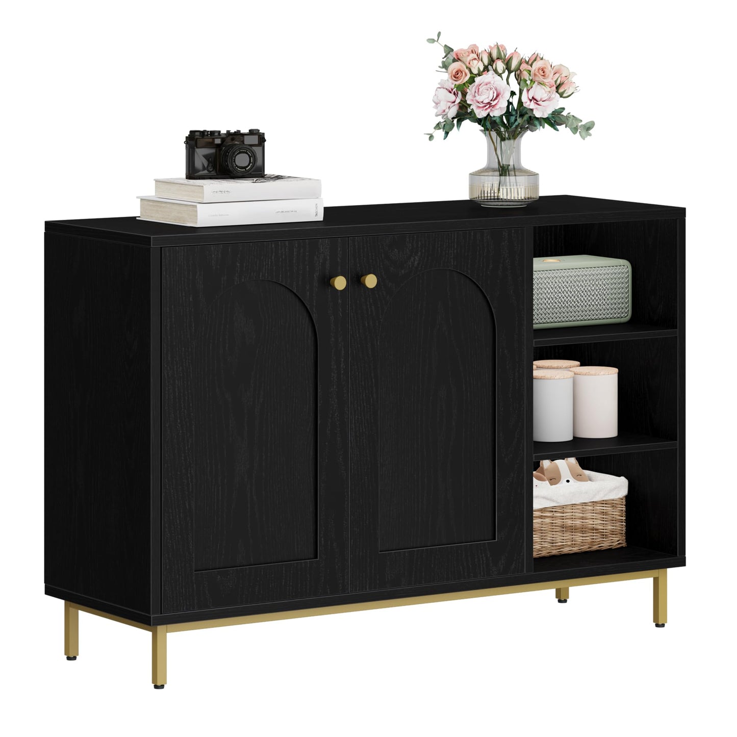 Hzuaneri SC10203G Bathroom Cabinet, Kitchen Cabinet with 2 Doors, Side Cabinet, Sideboard with Open Compartment, Chest of Drawers, Adjustable Shelf, Bathroom, 35 x 100 x 75 cm, White Gold