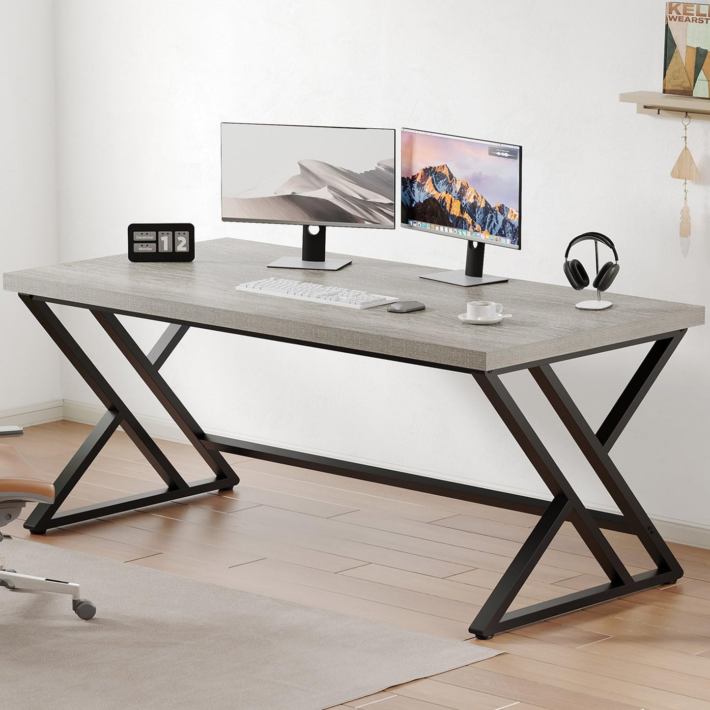 LVB Modern Computer Desk Industrial Home Office with Storage Space Metal Wood Desk Study Computer Desk for Bedroom Simple Gaming Desk Rustic Brown
