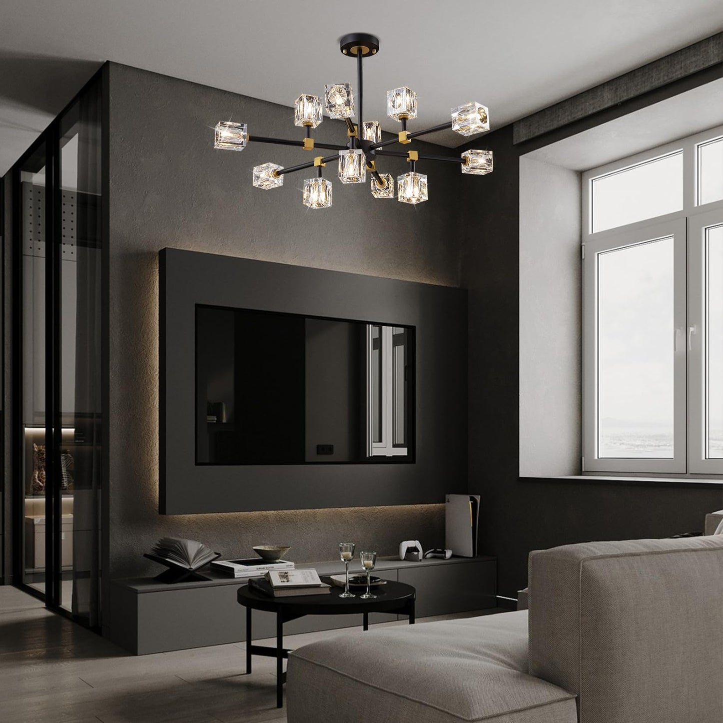 Crystal Ceiling Light, Modern Black and Gold Ceiling Lamp, 8 Lights Design, K9 Crystal Chandelier, Semi-Flush Luxury Ceiling Light for Bedroom, Living Room and Dining Room