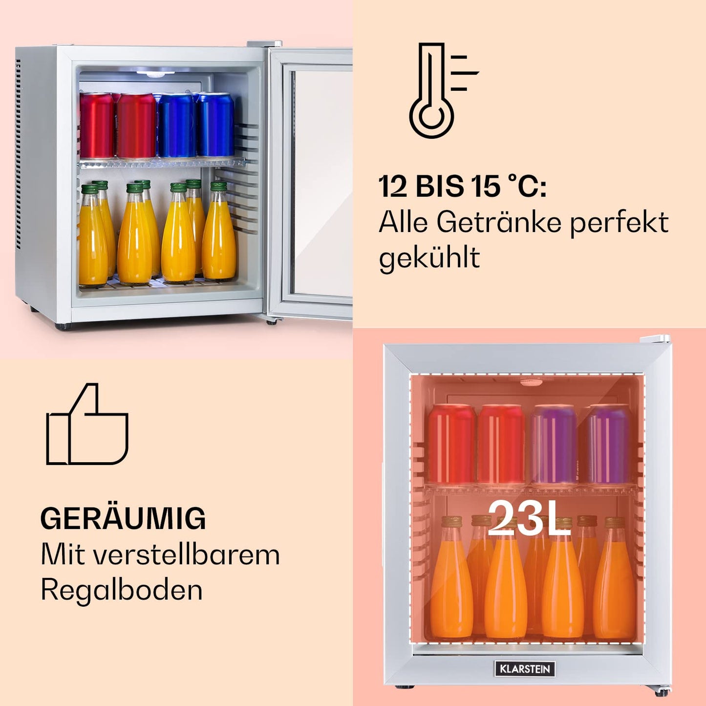 Klarstein Kühlschrank, Mini Kühlschrank mit Glastüre, Mini-Kühlschrank für Getränke, Snacks & Kosmetik, Kühlschrank Klein & Leise, Verstellbare Ablagen, Kleiner Skincare Kühlschrank 12-18°C, 23L