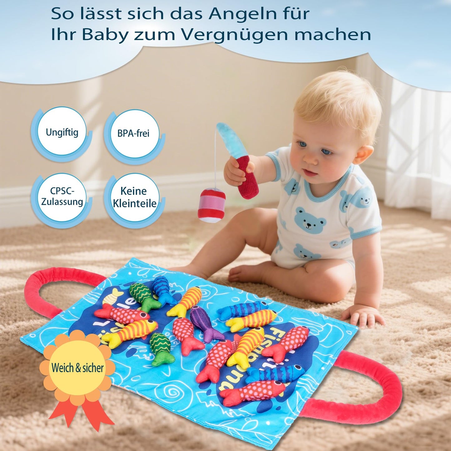 TenFans Montessori Fishing Game from 1 Year Made of Fabric - With Stacking Cups & Colour Sorting Set - First Birthday Gift - Travel Learning Toy with Sensory Activity