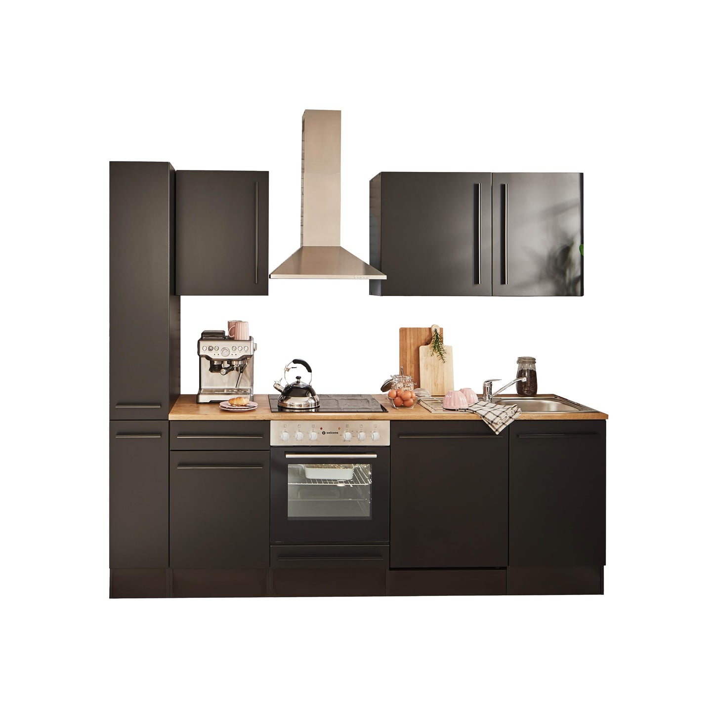 Jazz 8 Modern Kitchen Unit without Electrical Appliances in Anthracite, Artisan Oak Look, Spacious Fitted Kitchen with Lots of Storage Space, 220 x 211 x 60 cm (W x H x D)
