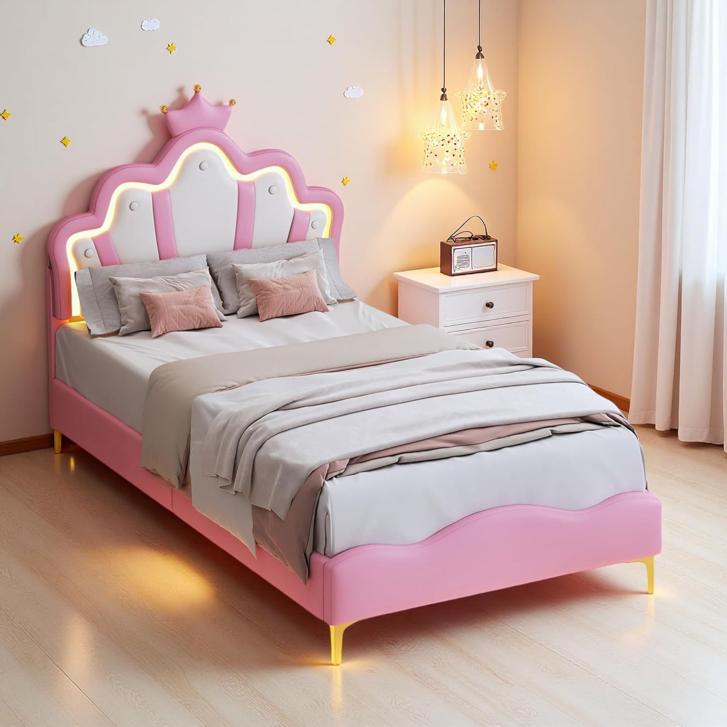 Upholstered Sofa Bed 140 x 200 cm, with Ambient Light and USB Connection, Children's Bed with Slatted Frame, Functional Bed, Teenager's Bed, Lambswool Material, Pink