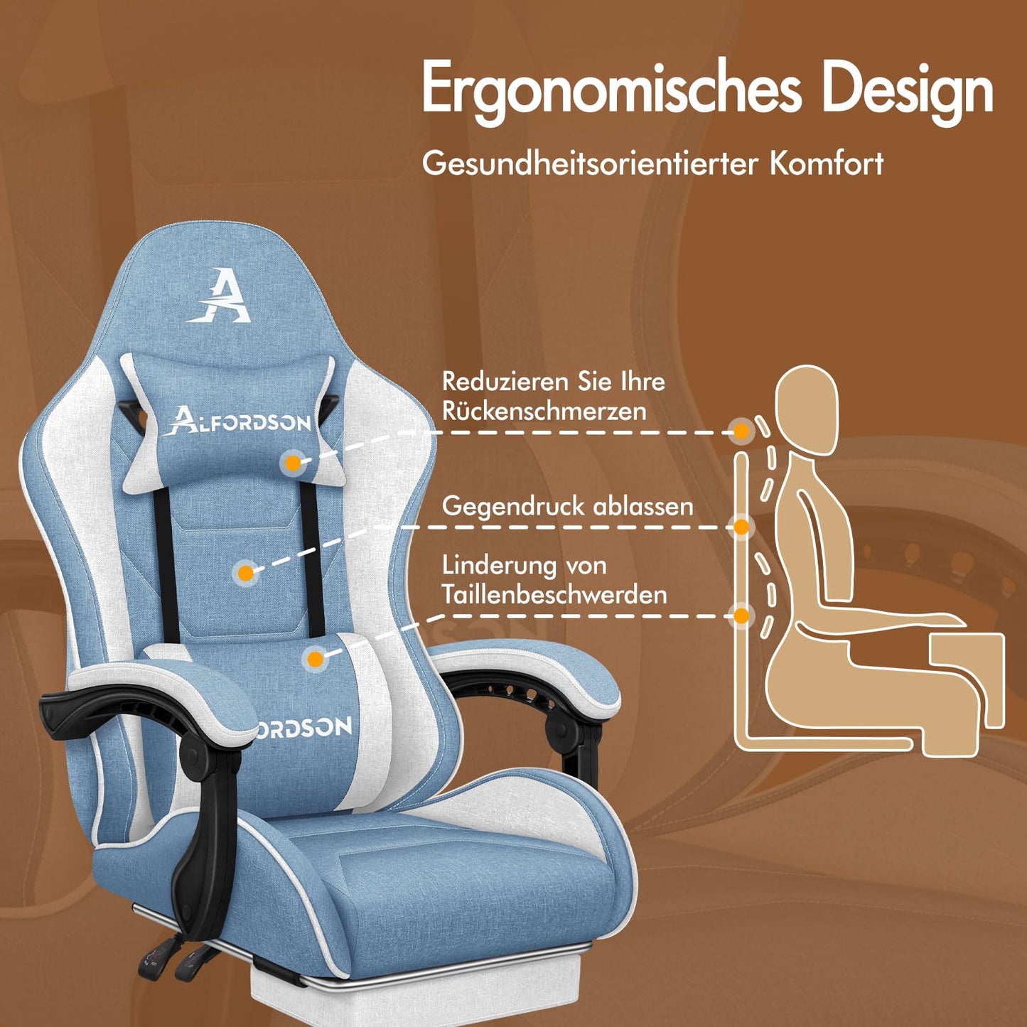 ALFORDSON Gaming-Stuhl mit Massage-Lendenwirbelkissen, ergonomischer Gamer-Racer-Stuhl mit Verstellbarer Rückenlehne, Drehstuhl mit Fußstütze, höhenverstellbar, Schwarz