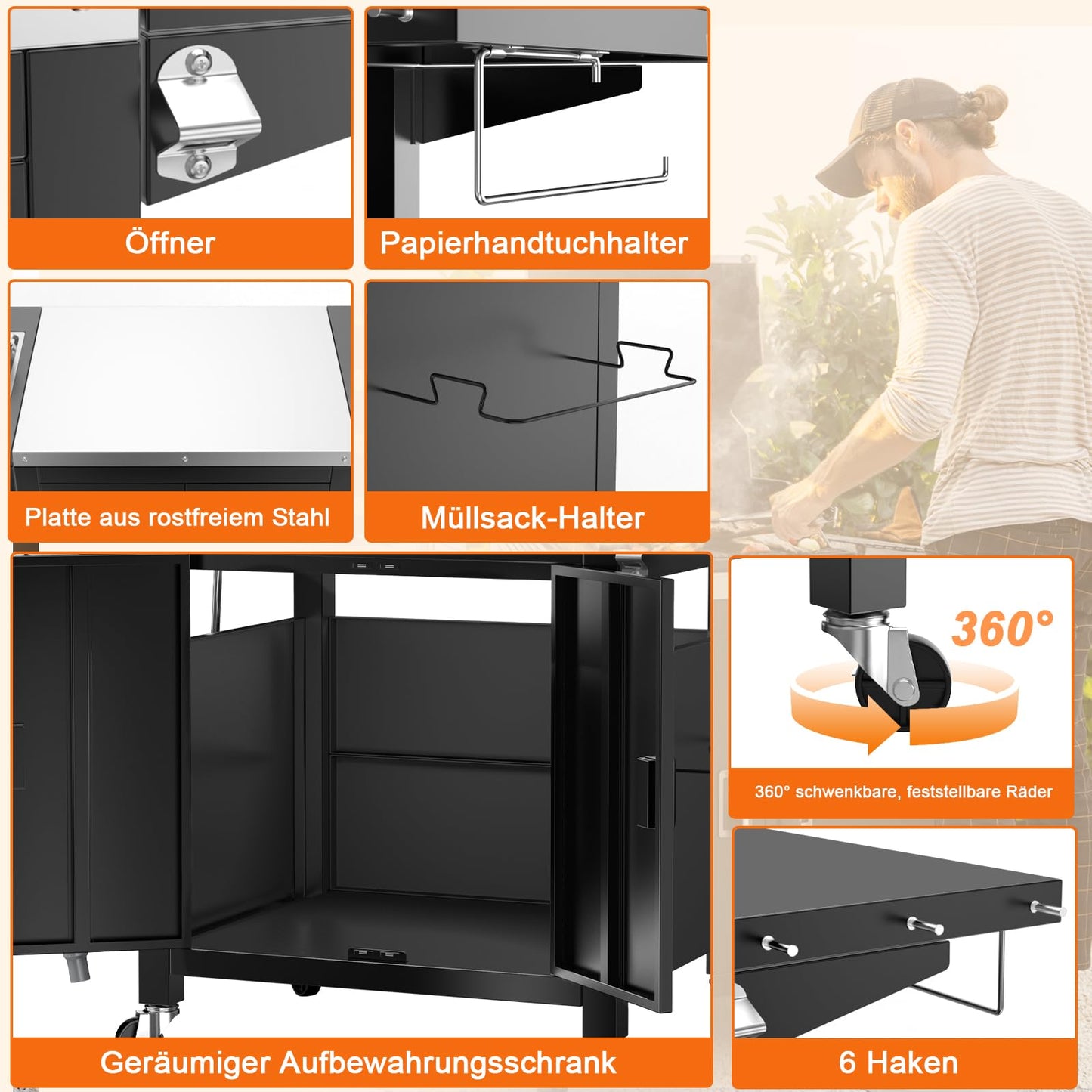 GFTIME Barbecue Trolley, 154 x 63 x 89 cm, Outdoor Kitchen Trolley, Outdoor Kitchen, Grill Table for Onni Pizza Ovens, Outdoor Kitchen for Ninja Woodfire and Weber Q Series, Mobile Pizza Oven Table