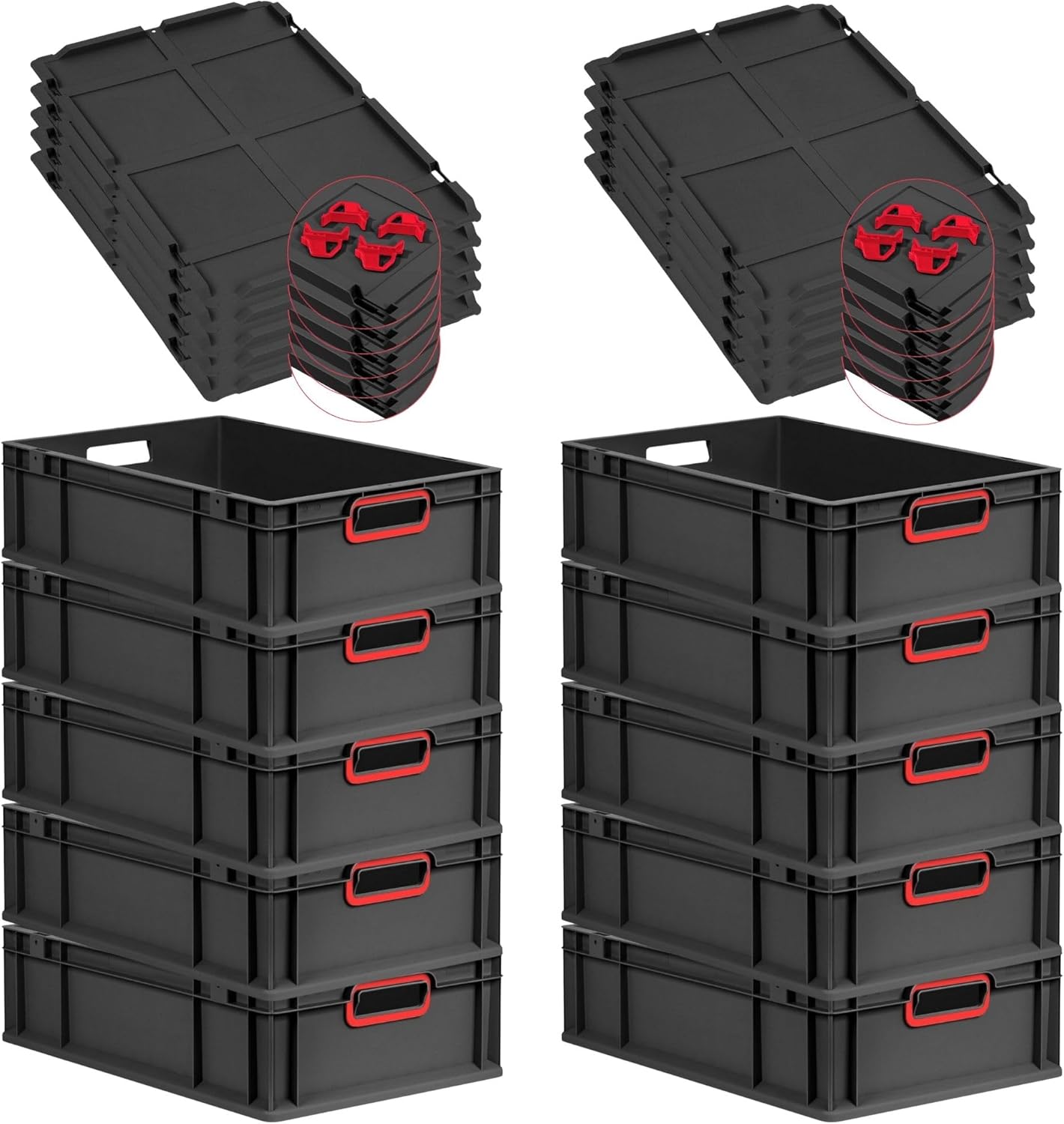PROREGAL Economy Set of 5 Eurobox NextGen Colour with Lid and Sliding Snap Fasteners, H x W x D 22 x 30 x 40 cm, 20 L, Black, Closed Handles, Euro Container, Transport Box, Transport Container