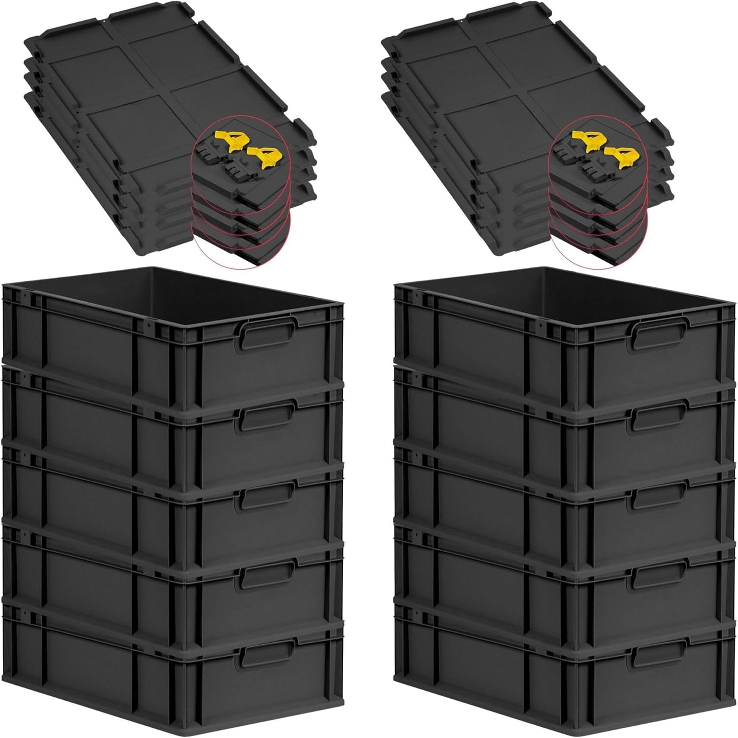 PROREGAL SuperSparSet 3 x Eurobox NextGen Grip with Lid and Yellow Clasps, H x W x D 32 x 40 x 60 cm, 65 Litres, Open Handles, Reinforced Base, Euro Container, Transport Box
