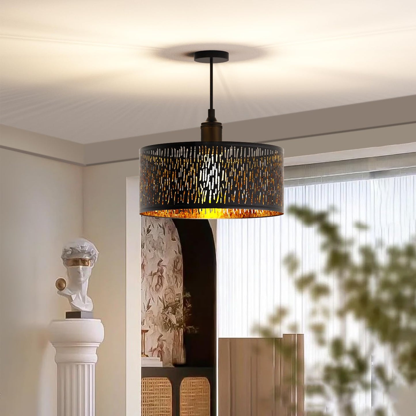 FRIDEKO HOME Moderne Deckenlampe Schwarz,Durchbrochener Rund Ø30cm Deckenleuchte E27 One Flammige Stoff Lampenschirm Lampe für Schlafzimmer Wohnzimmer Küche Flur