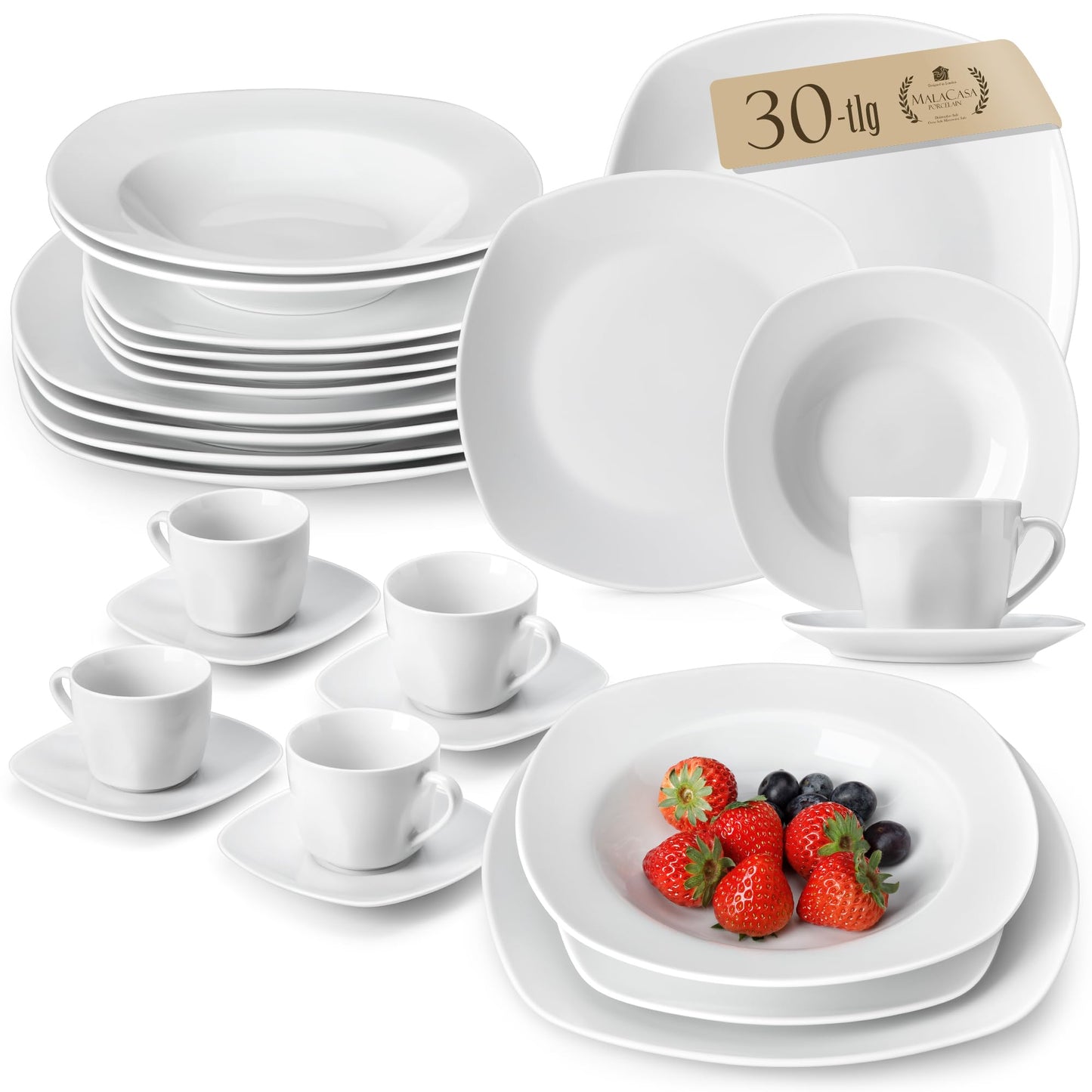 MALACASA Elisa Series Crockery Set for 12 People, 48-Piece Plate Set, Dinner Service Set with 12 Soup Plates, 12 Cake Plates, 12 Dinner Plates and 12 Cereal Bowls, Porcelain Crockery Set in Light Grey