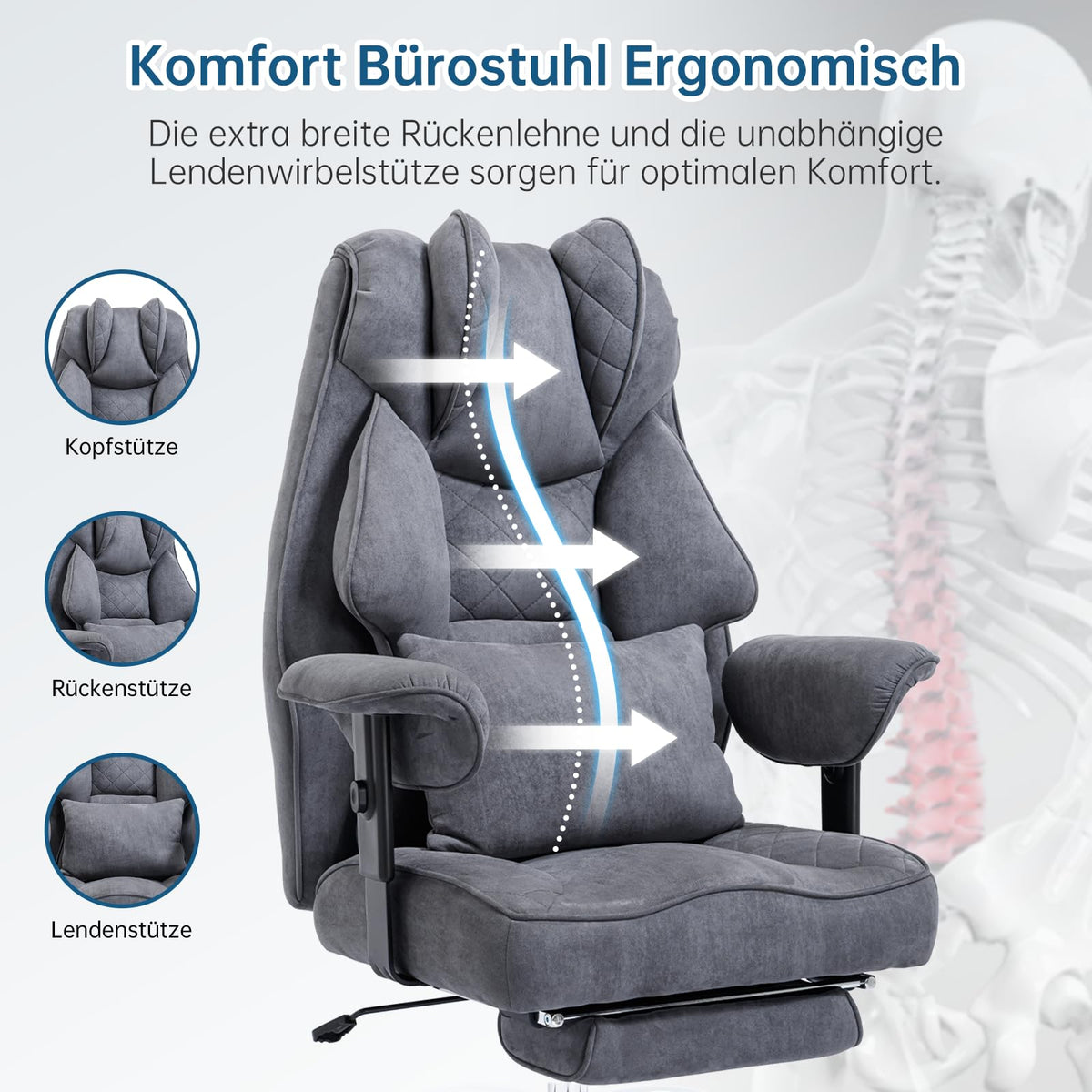 Ergonomic Office Chair 200 kg, Executive Chair with Footrest, Desk Chair with Lumbar Cushion, Comfortable XXL Wide Seat, Thickened Padded, Height Adjustable, Imitation Suede