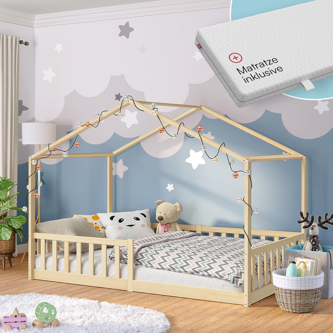 Bellabino Bia Children’s Bed, 90 x 200 cm, Children’s House Bed incl. Fall Protection and Rolled Slatted Frame, Montessori Floor Bed, White, Solid Pine Wood