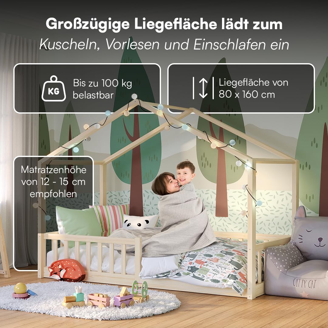 Bellabino Bia Children’s Bed, 90 x 200 cm, Children’s House Bed incl. Fall Protection and Rolled Slatted Frame, Montessori Floor Bed, White, Solid Pine Wood