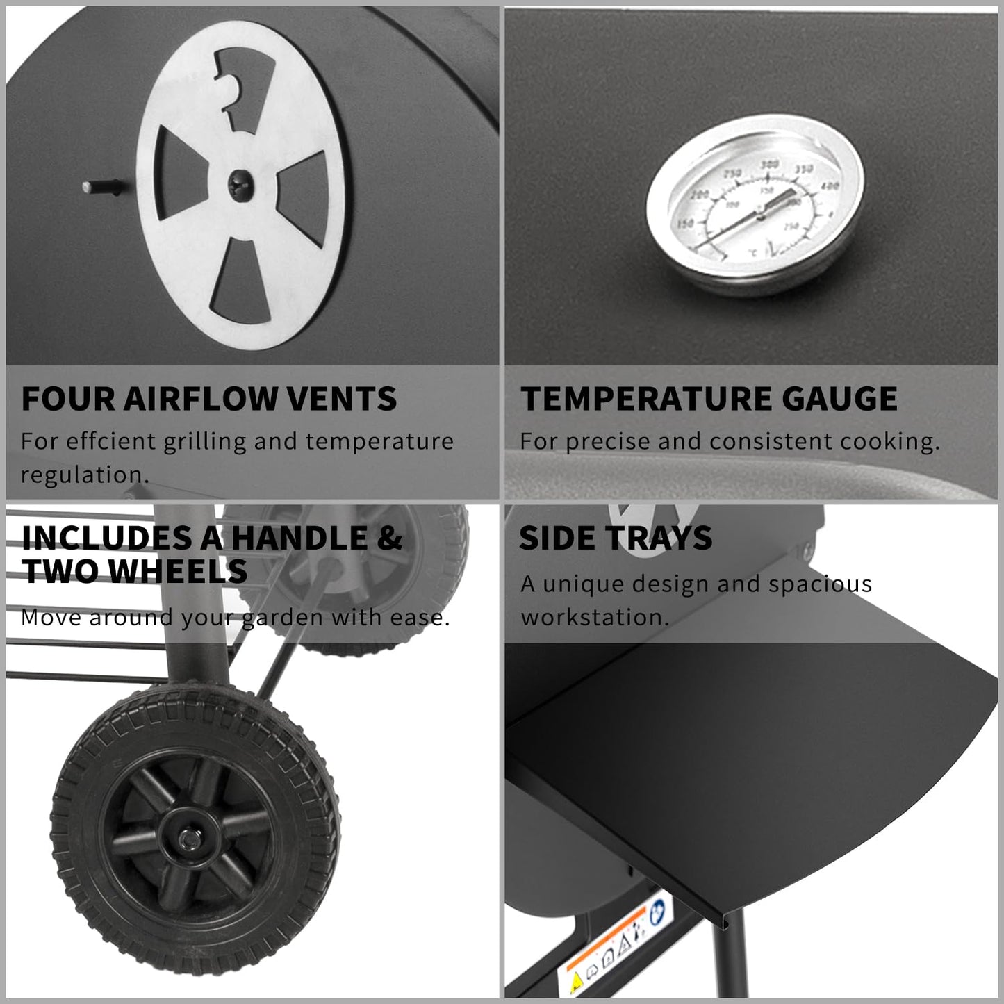 Charcoal Grill Trolley - Charcoal Grill Handle, Grill Grate and Thermometer, Charcoal Grills with Lid | Smoker Grill Charcoal Grill Large BBQ Grill Garden Grill Charcoal Charcoal