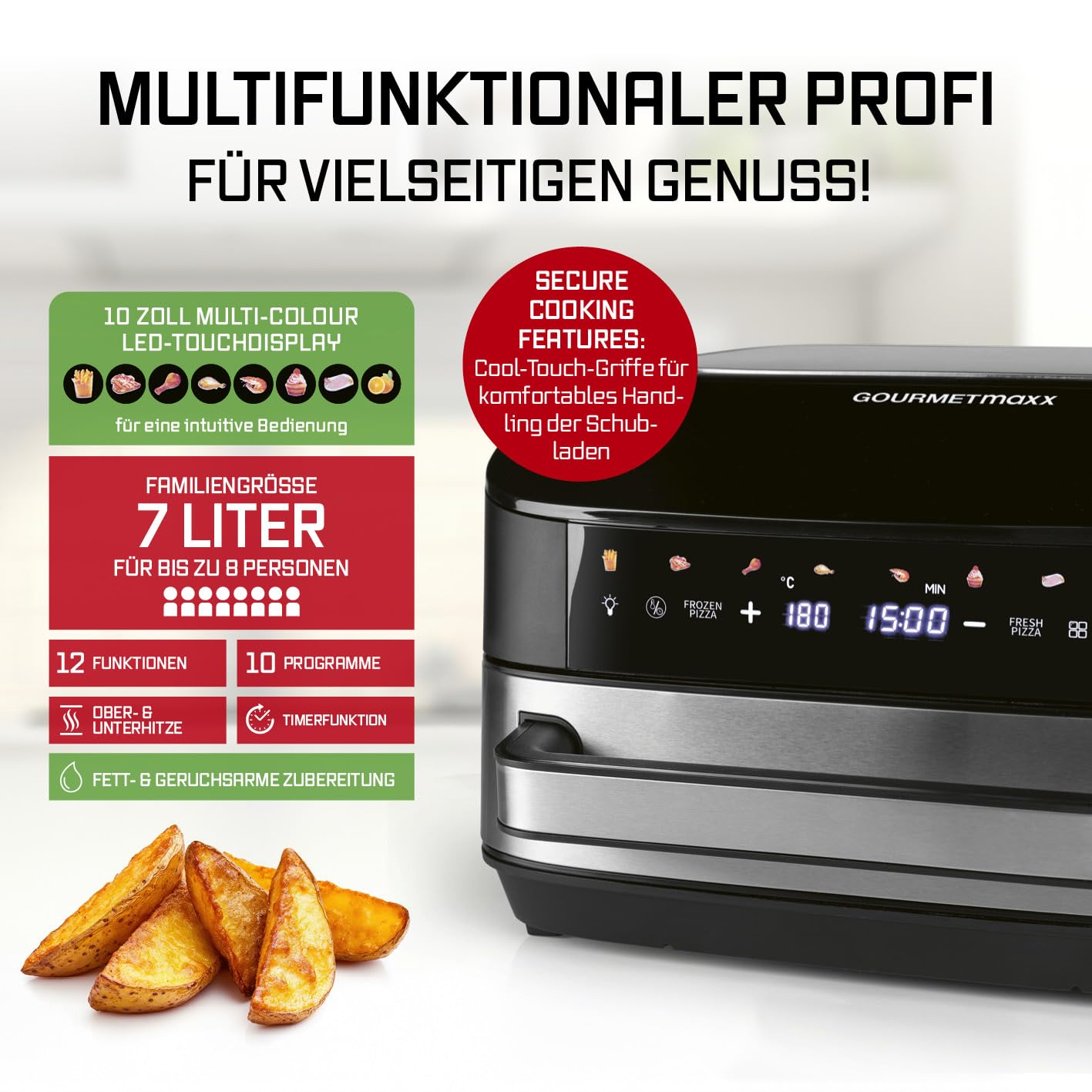 GOURMETmaxx Digitale Heißluftfritteuse 12 L, XXL-Edelstahl-Ofen | Airfryer + Timer, Touchdisplay, Drehspieß | fettarm, energiesparend frittieren | 10 Programme inkl. Pizza | 1800 W