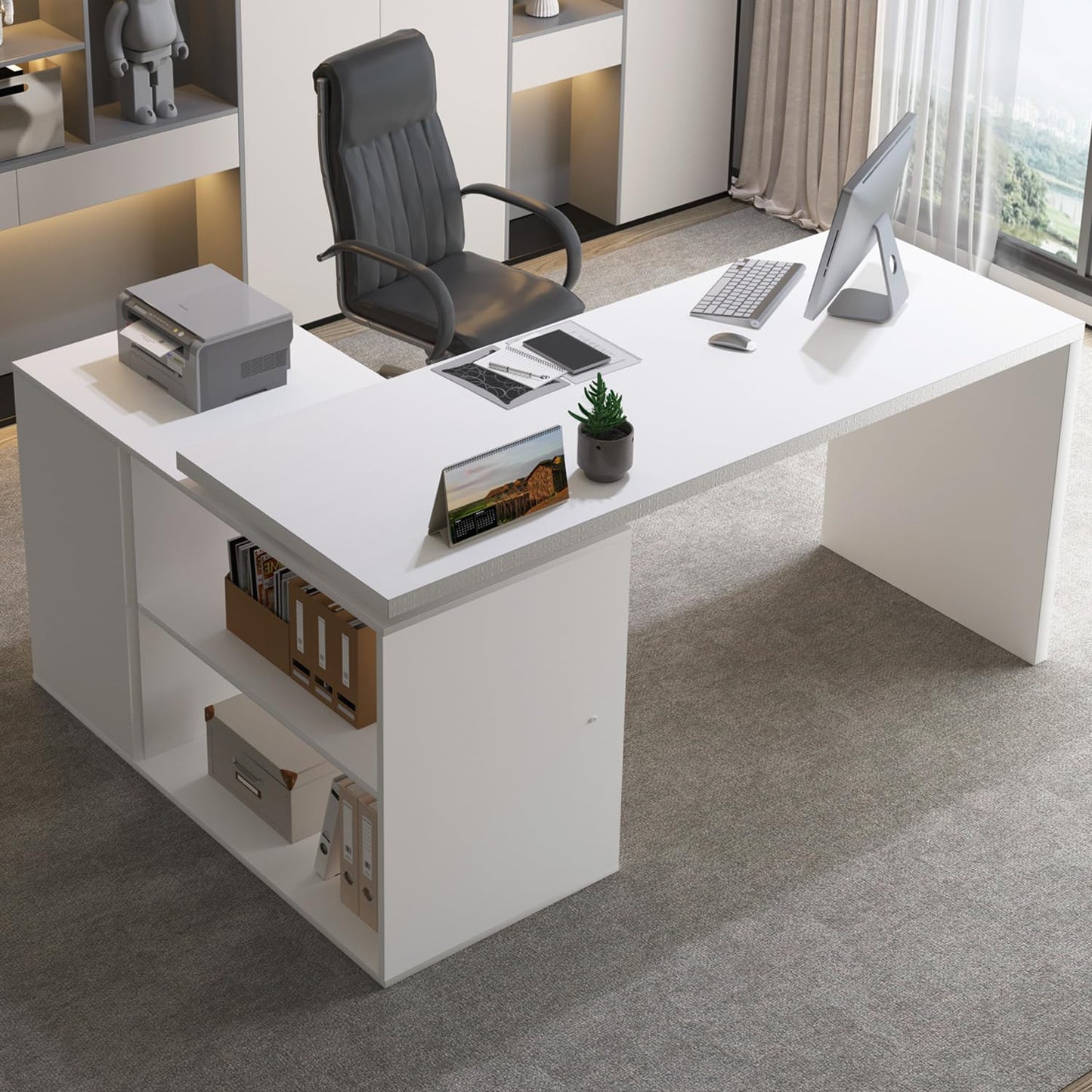 HSH Desk L Shape Modern Corner Desk Computer Desk with 3 Drawers and 2 Shelves Reversible Corner Desk with Storage Space for Home Office Table Desk White 140 cm