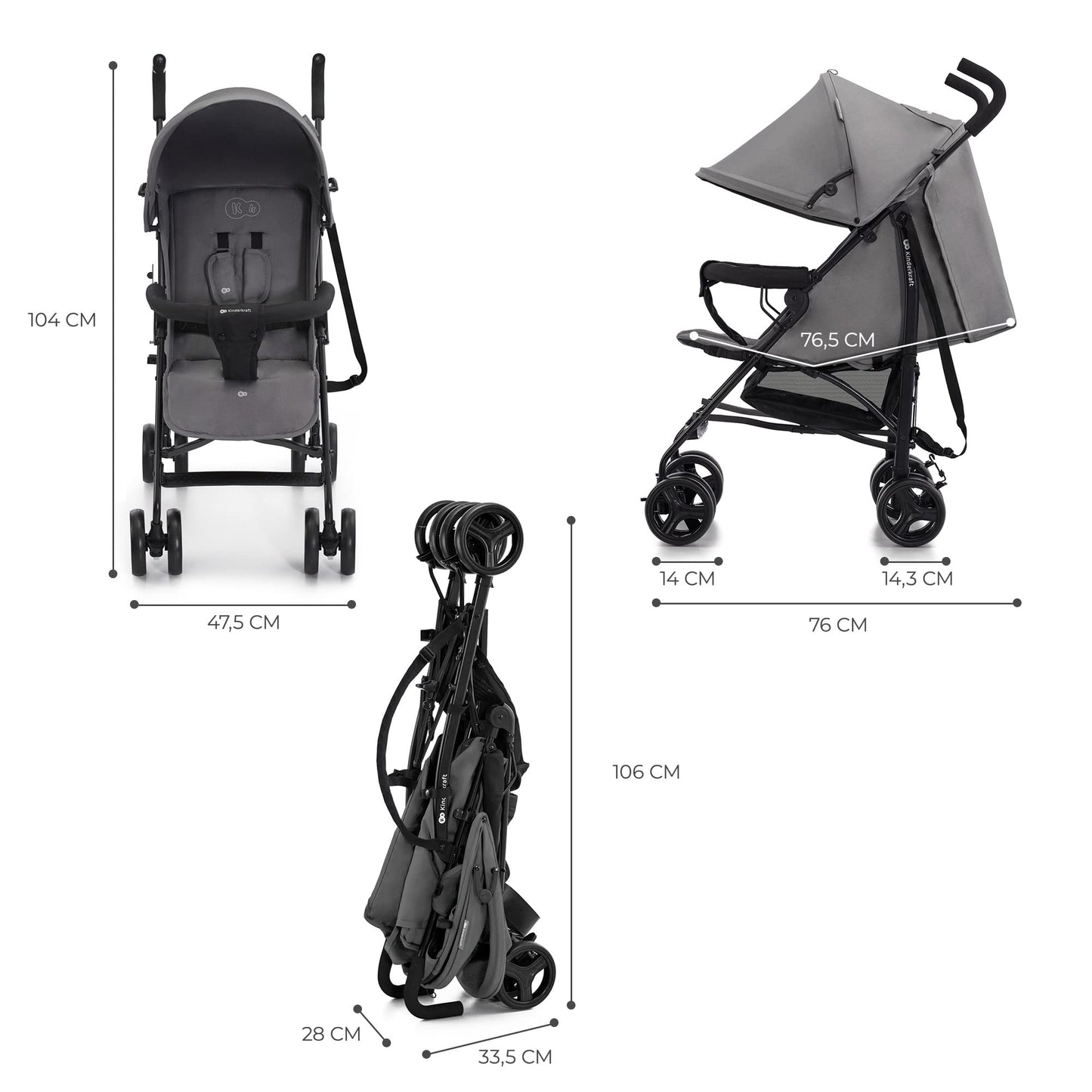 Kinderkraft TIK Kinderwagen, Liegebuggy, Sportwagen, Leicht - 6,5kg, Drehbare Vorderräder, Verstellbarer Griff, Stufenlose Einstellung der Rückenlehne, Schnelles Zusammenklappen, bis zu 17kg, Grau