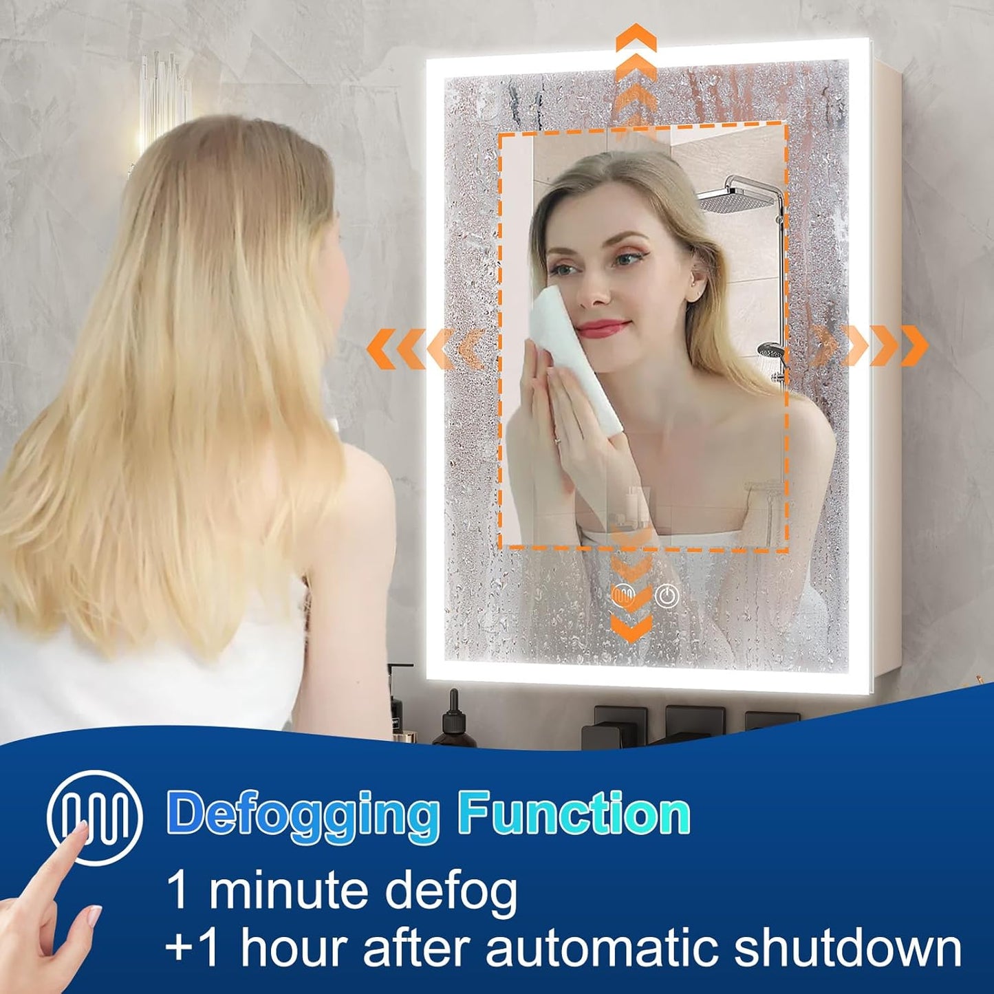 Aovquof Mirror Cabinet with Lighting - 90 x 60 cm Bathroom Mirror Cabinet with Storage Space, Bathroom Mirror Cabinet with Adjustable Dimmable LED Lights with Demist Function, Modern Cream Colour