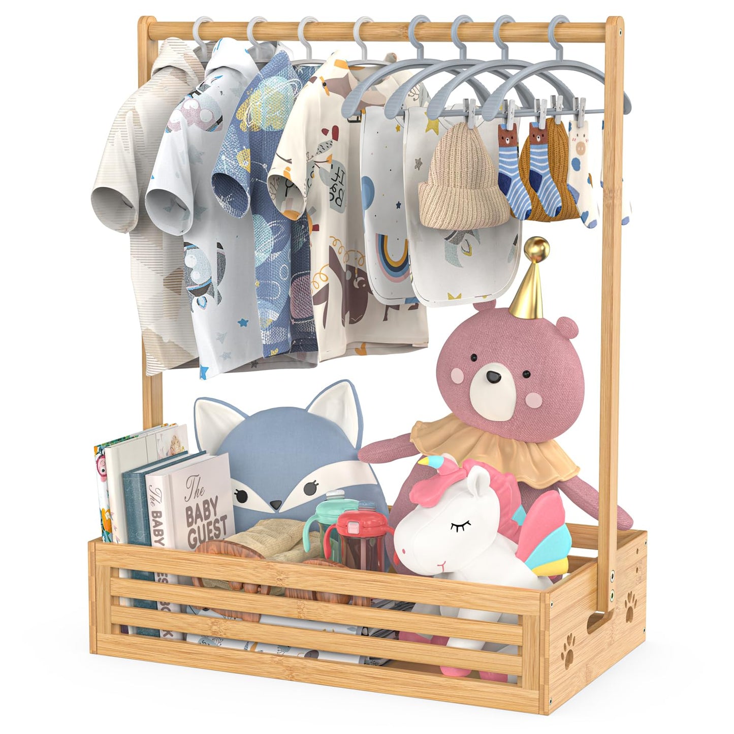 Baby Clothes Rack for Toddlers, Pet Clothes Rack with Storage Box & Adjustable Clothes Rail for Dogs/Cats, Baby Shower Wardrobe with Handle for Children's Room