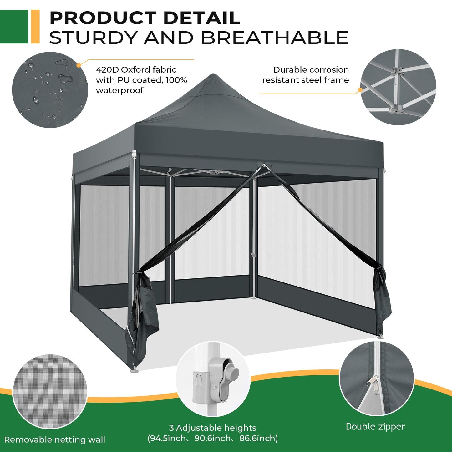 COBIZI Folding Gazebo 3 x 3 m Gazebo 3 x 3 m Waterproof Stable Party Tent Foldable with 4 Side Walls Mosquito Net Pop Up Garden Gazebo Anti-UV for Garden, Grey