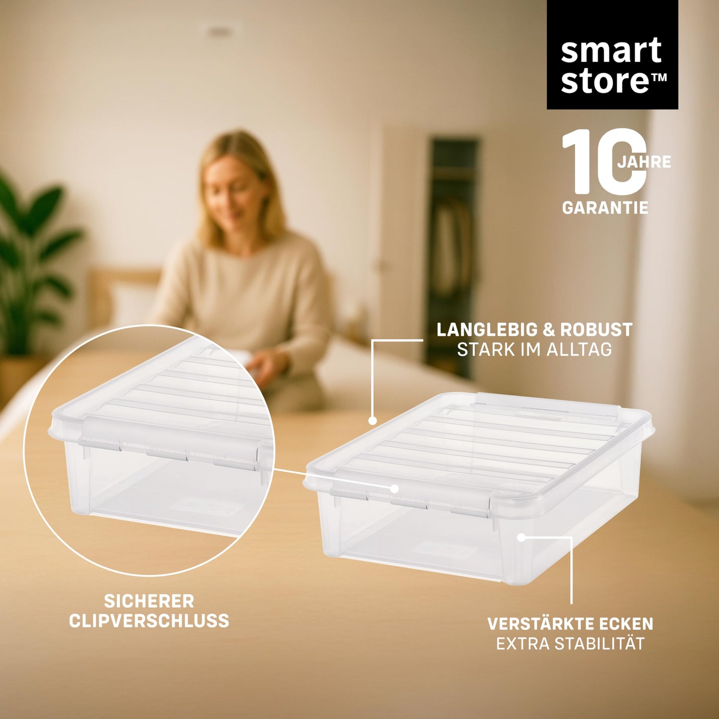 SmartStore Storage Box with Lid, 14 Litres, Pack of 4, Reinforced, Large, Transparent, Food Safe, with Clip Closure, Stackable, BPA-Free Plastic, 40 x 30 x 18 cm (L x W x H)