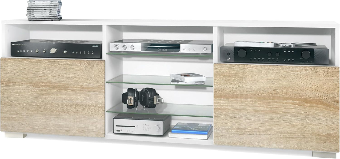 Vladon Granada TV Board Lowboard with 2 Doors and 6 Open Compartments, Matt White Body, Fronts in Sand Grey High Gloss (146 x 54 x 35 cm)