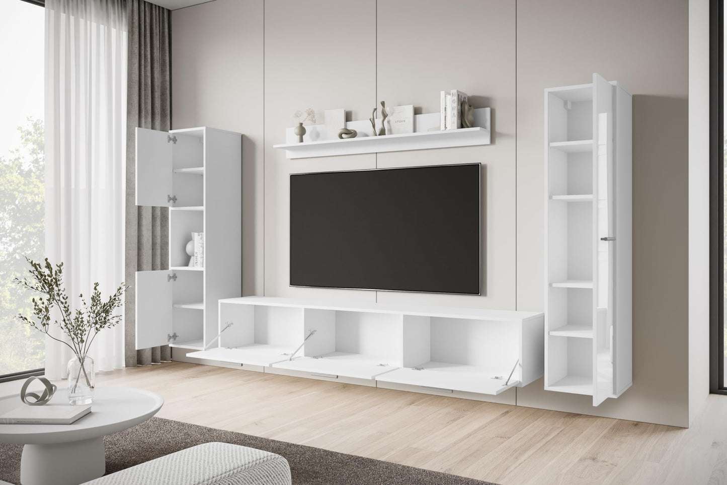 MINIO go for it - Living Room Wall Unit 4-Piece Toga, Living Room Furniture Set, 1 x TV Lowboard, 2 x Tall Cabinet, 1 x Wall Board, Living Room Furniture Complete, Living Room Set - Colour Wotan Oak