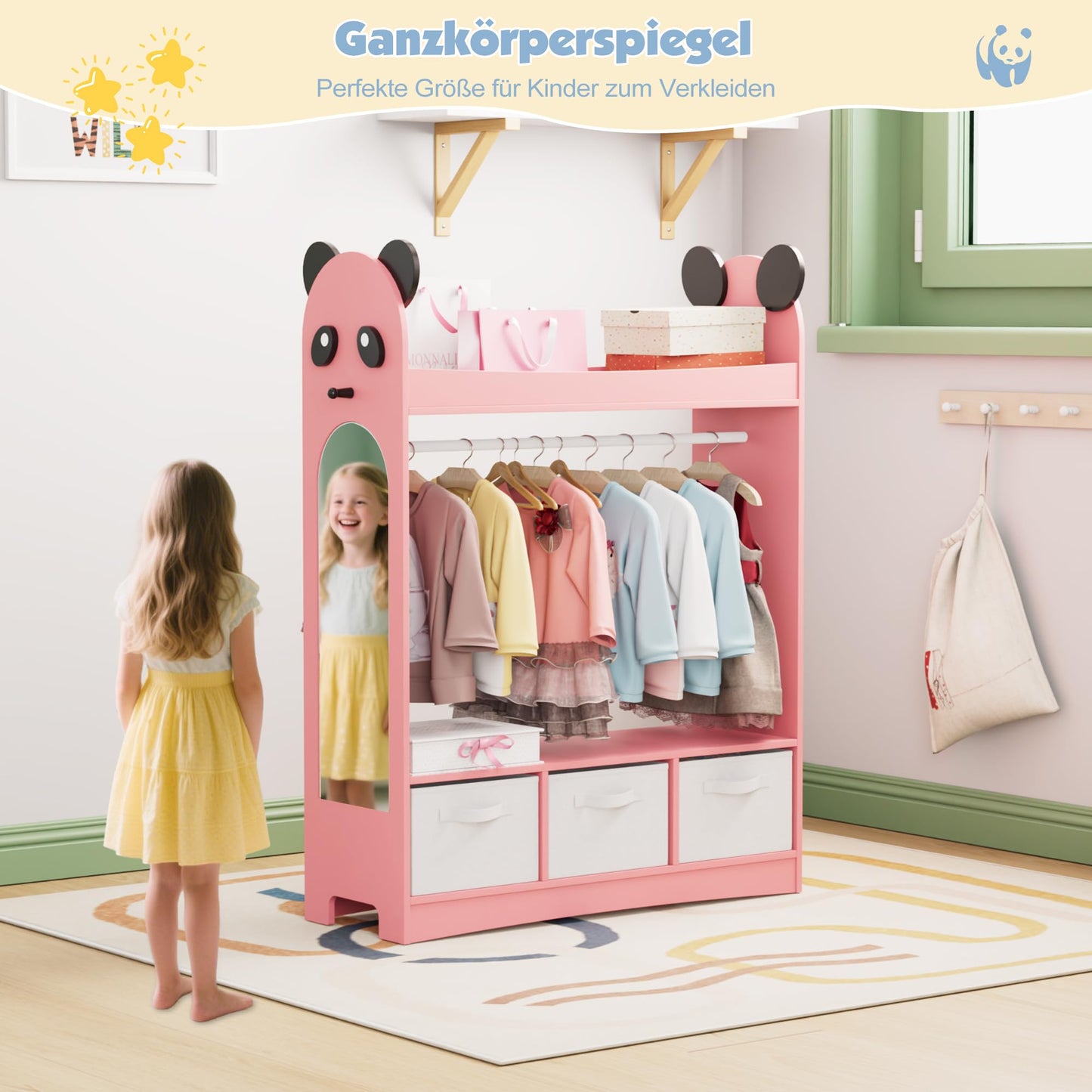 Children's Clothes Rack with Mirror, Clothes Rail with Shelves, Children's Wardrobe Wood, Children's Shelf for Children's Room, 81 x 28 x 106.5 cm (Clouds with 2 Drawers, White)