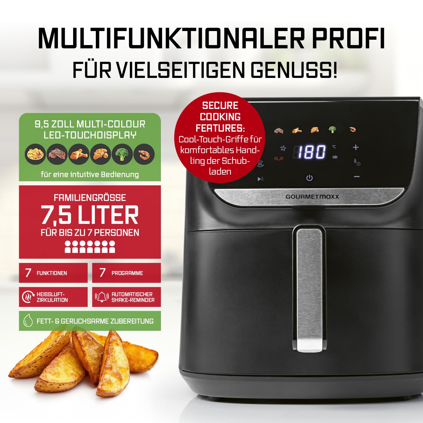 GOURMETmaxx Digitale Heißluftfritteuse 12 L, XXL-Edelstahl-Ofen | Airfryer + Timer, Touchdisplay, Drehspieß | fettarm, energiesparend frittieren | 10 Programme inkl. Pizza | 1800 W