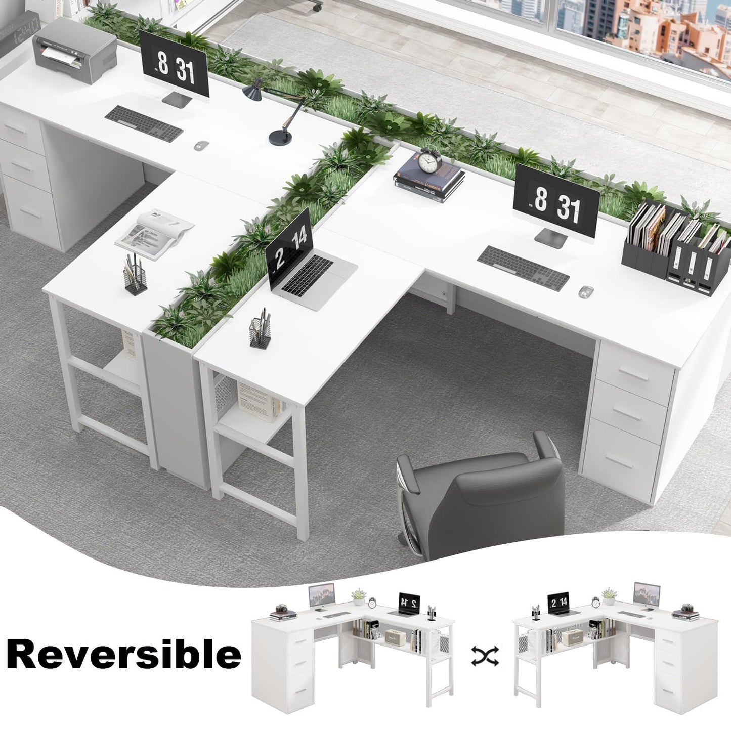 LVB White L Shaped Corner Desk with Drawers, Reversible Modern L Shaped Computer Desk with Storage Cabinets, Large L Shaped Wooden L Shaped Desk Metal L Shape