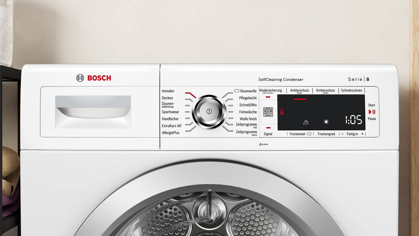 Bosch WTH83VV4 Series 4 Heat Pump Dryer, 8 kg, AutoDry, Quick-40 Drying, Refill Function, Sensitive Drying System, Anti Vibration Design, 63 dB, LED Display, Touch Control, Time Delay