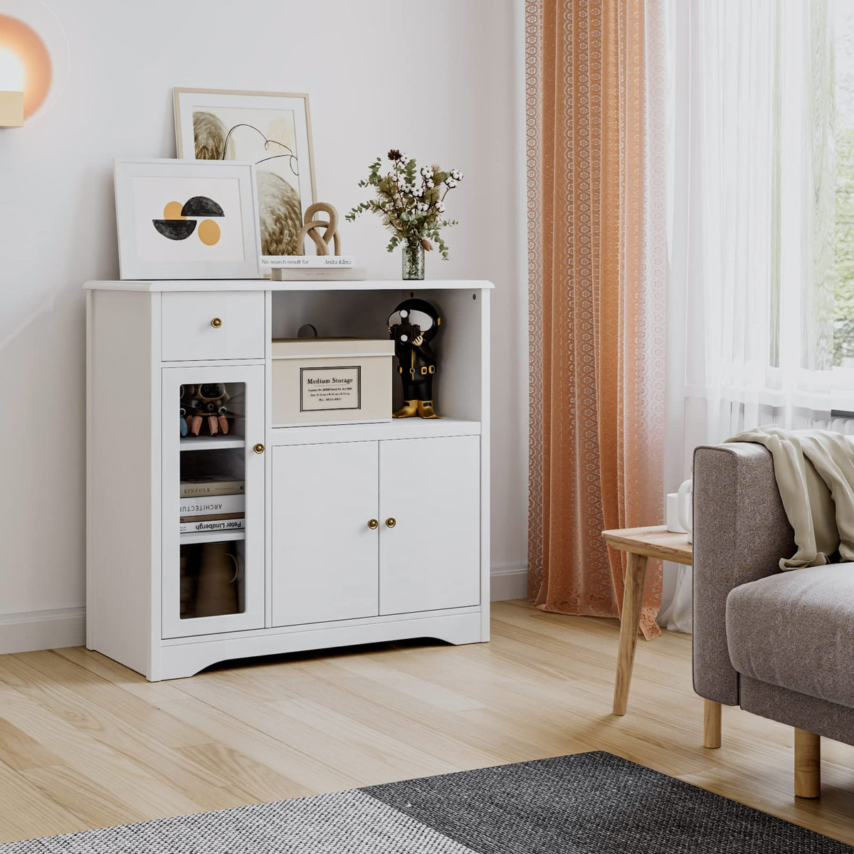 HOCSOK Kitchen Cabinet with Worktop, Sideboard Kitchen with Microwave Shelf, Buffet Cabinet with 1 Drawer, 3 Doors, Adjustable Shelves, for Kitchen, Dining Room, Living Room, White