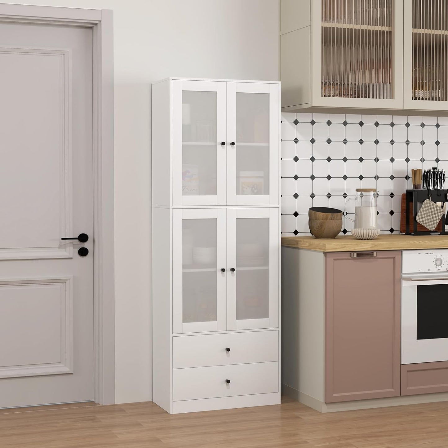 HOMCOM Kitchen Cabinet Display Cabinet with Worktop, 2 Drawers, Tall Cabinet with 4 Glass Doors, Buffet Cabinet with Adjustable Shelves, 59 x 30 x 170 cm, White