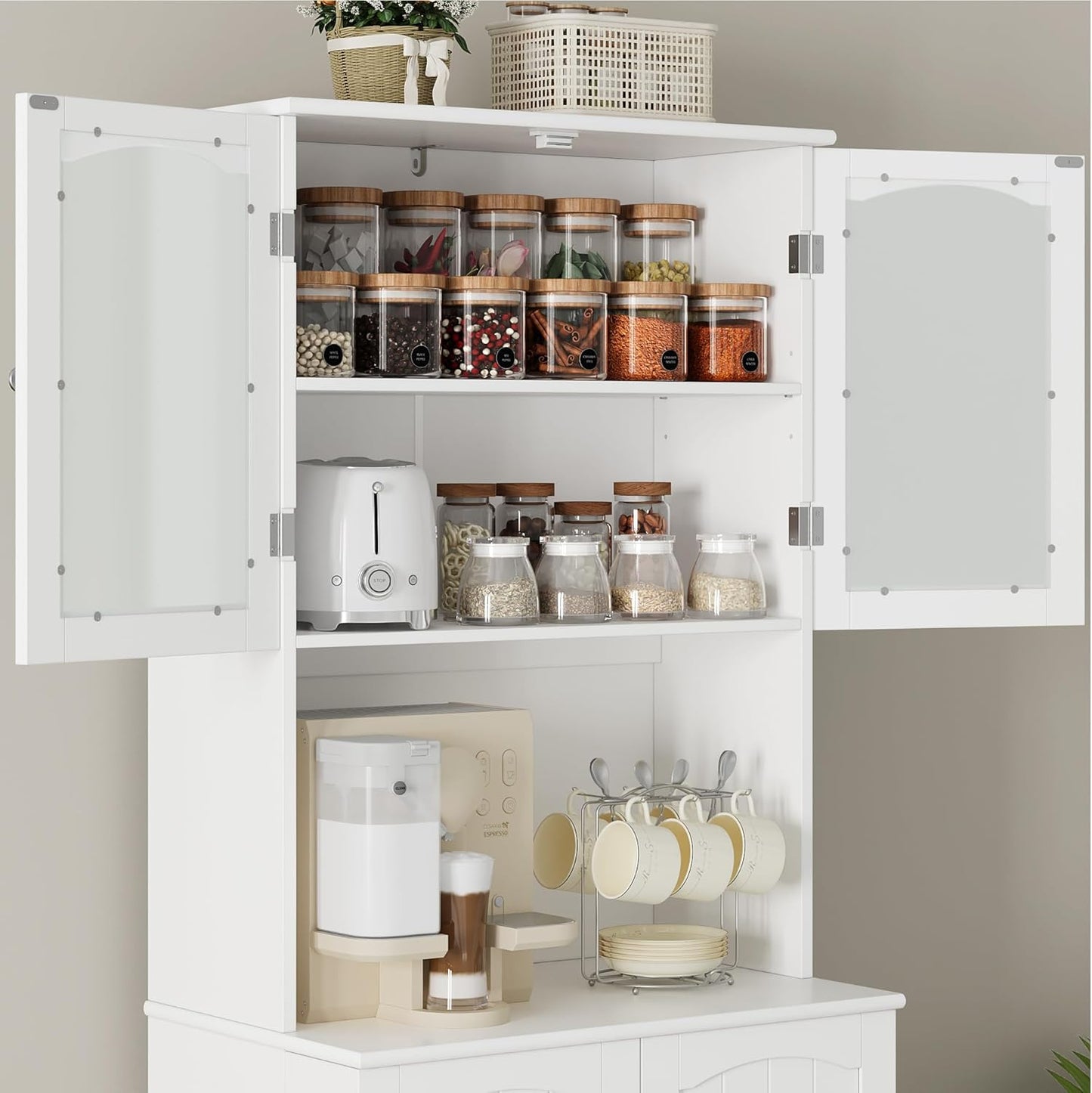 HOCSOK 181 cm Tall Kitchen Cabinet, Buffet Cabinet with Microwave Shelf and 8 Door Shelves, Freestanding Kitchen Storage Cabinet for Kitchen, Modern Style, White