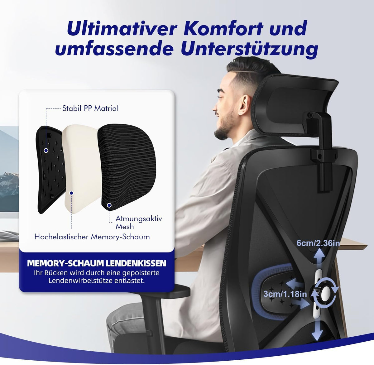 Daccormax Ergonomic Office Chair, Office Chair, Desk Chair with Adjustable Armrests, Soft Lumbar Support Made of Natural Sponge and Headrest, Executive Chair, Swivel Chair, Rocker Function, 150 kg