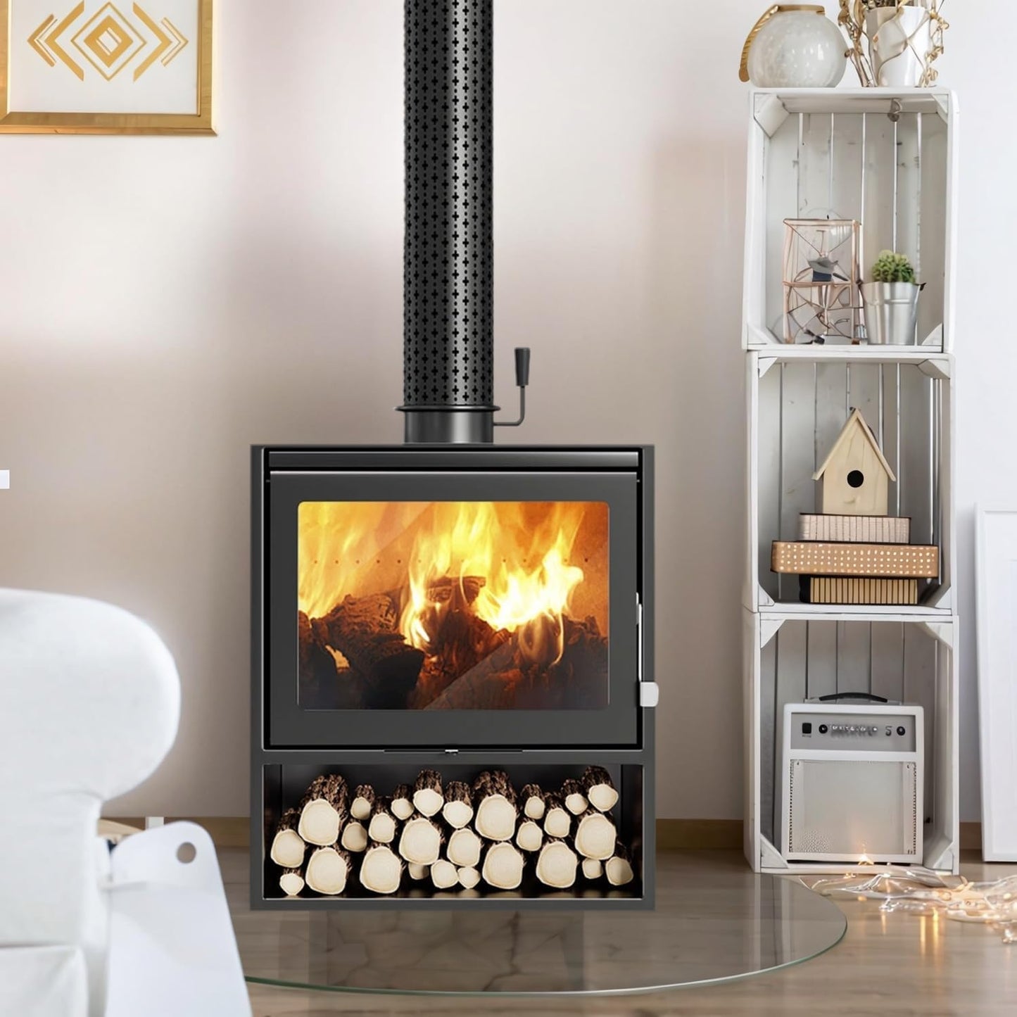 Fireplace Stove with Ceramic Glass Window, Workshop Stove, Continuous Burning Stove, Hut Stove, Heating Stove, Black, Wood Stove, Suitable for Hotel, Host Family, Villa Café (Size: 60 x 49 x